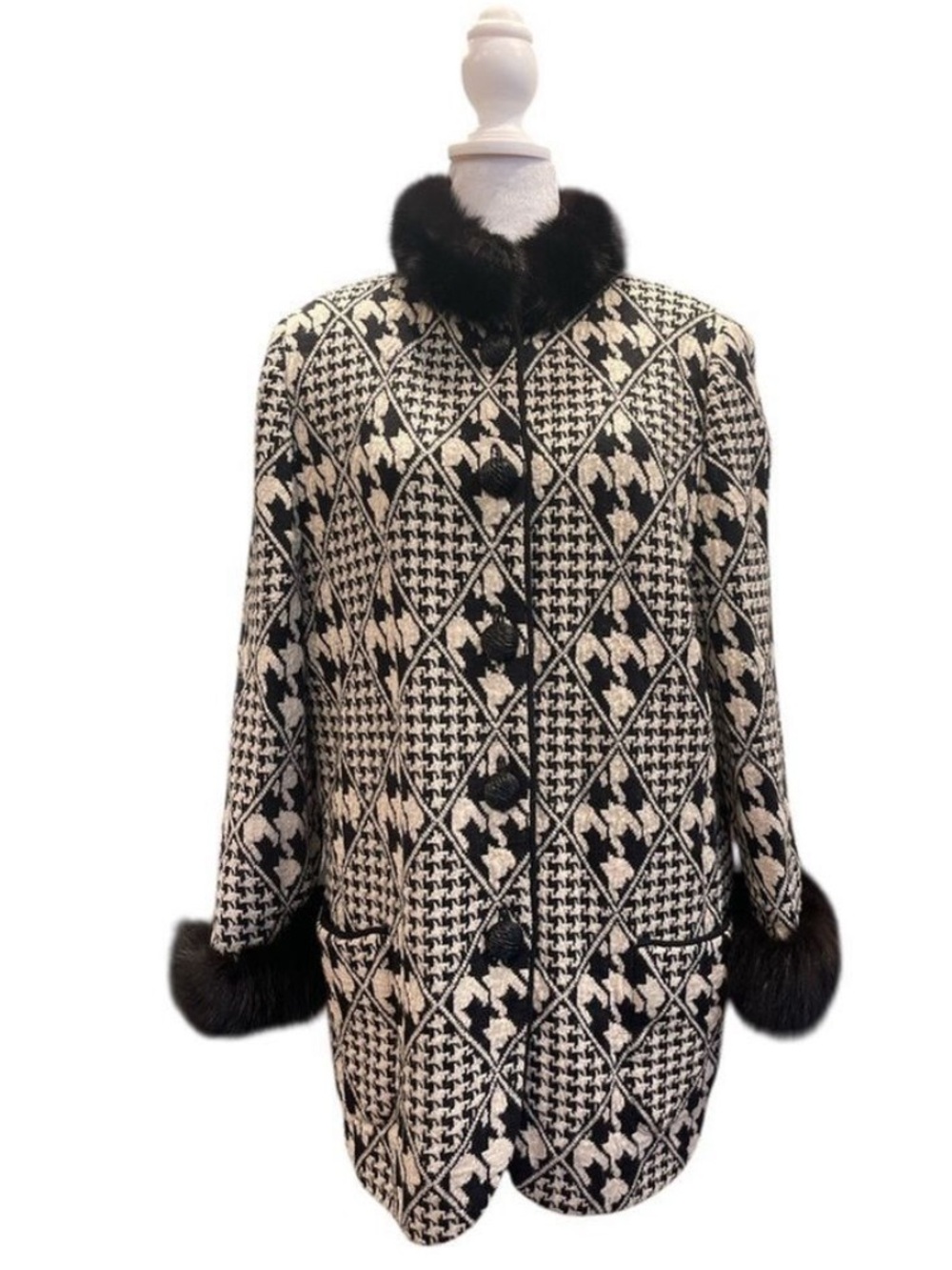 Lio Lo Italy Alpaca Wool Geometric Coat Rabbit Fur Trim M/L